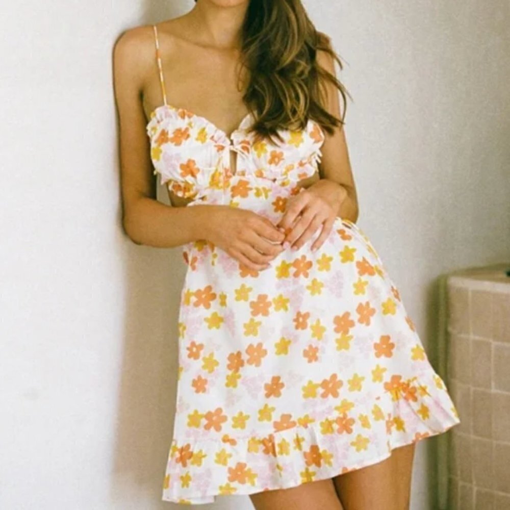 Sabo Skirt Elina Backless Orange Daisy Floral Print Flounce Hem Mini Dress S
